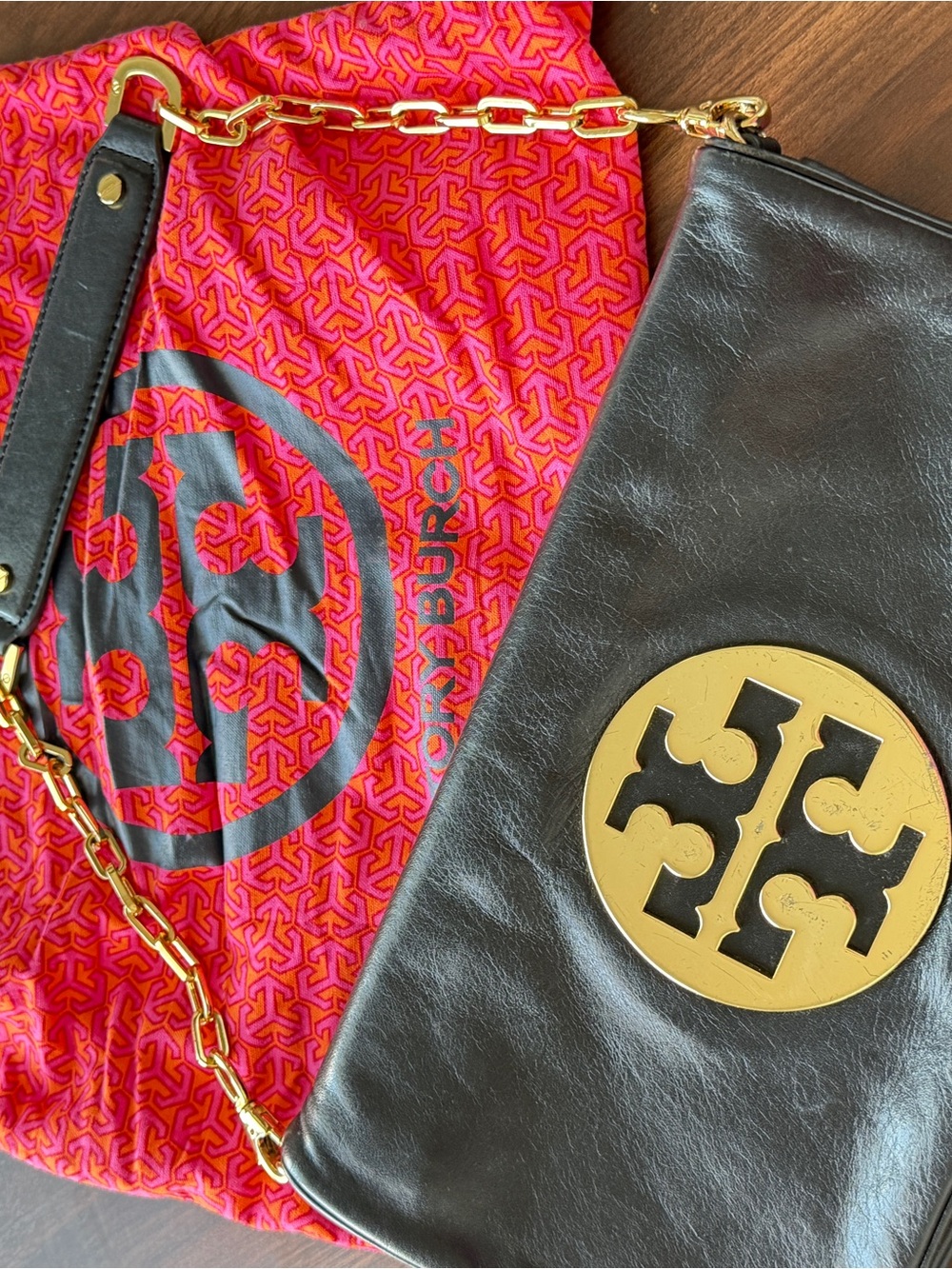Tory Burch Black Leather Clutch with Gold Logo Medallion